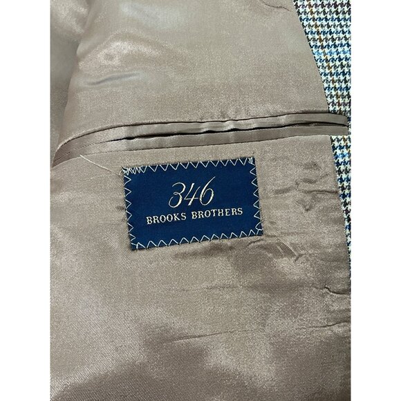 Brooks Brothers 346 Blazer Wool Houndstooth Sportscoat Tan Blue Mens 44 Long - Picture 4 of 8